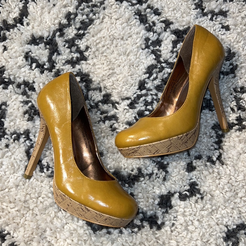 Mustard High Heels with Cork Accents Size 8